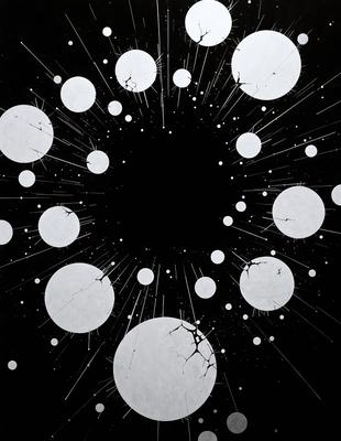 The primary subject of the image is a black hole surrounded by white circles. The setting is a black background, which emphasizes the white circles. The visual style is a combination of digital art and illustration, creating a unique and intriguing scene. The dominant colors are black and white, with the white circles providing a contrasting element to the black background. The overall atmosphere is mysterious and captivating.